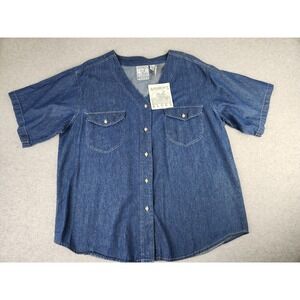 VTG Andrews Blues‎ Plus 22W Denim Shirt Button Y2K Western Cowgirl Jersey V-neck
